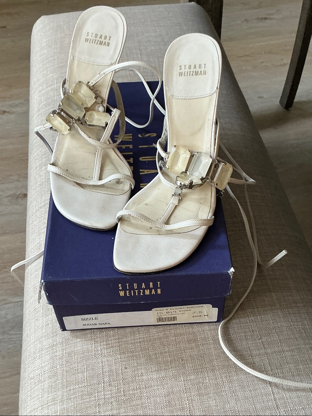 Stuart Weitzman Cream T-Strap Gem-Embellished Heels